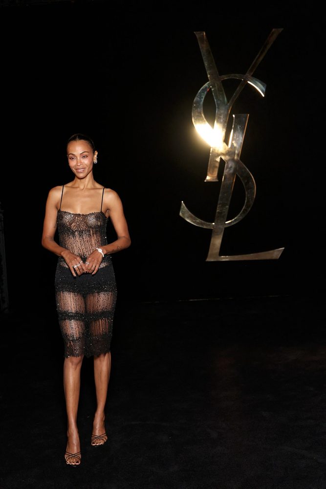 Zoe Saldana Braless Sheer Lace Nipples Saint Laurent Paris