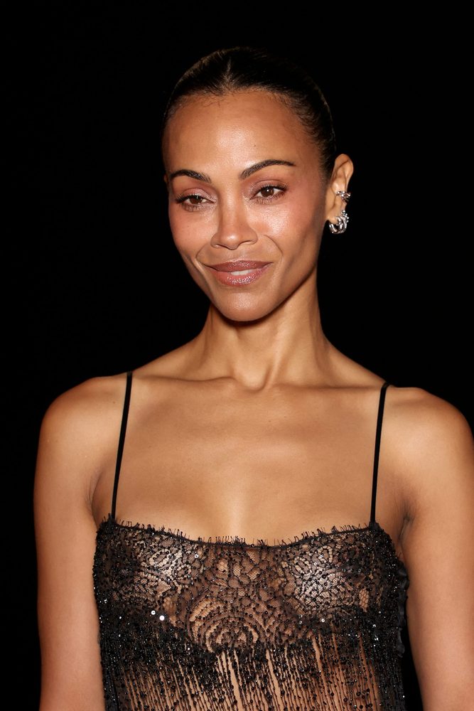 Zoe Saldana Braless Sheer Lace Nipples Saint Laurent Paris
