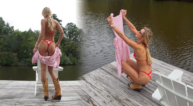 Bella Hadid’s Round Ass Owns the Dock in a Red “BELLA” Thong and Nothing Else