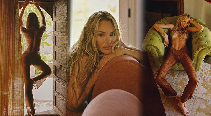 Candice Swanepoel Goes Bare-Chested on That Green Velvet Chair with Only Her Long Blonde Hair for Cover