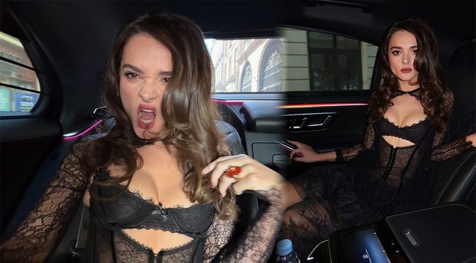 Charlotte Lawrence Puts Her Curves on Full Display in a Daring Black Lace Corset at Paris Fashion Week