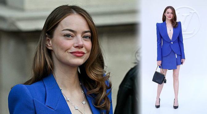Emma Stone Goes Braless In A Plunging Blue Blazer At Paris Fashion Week
