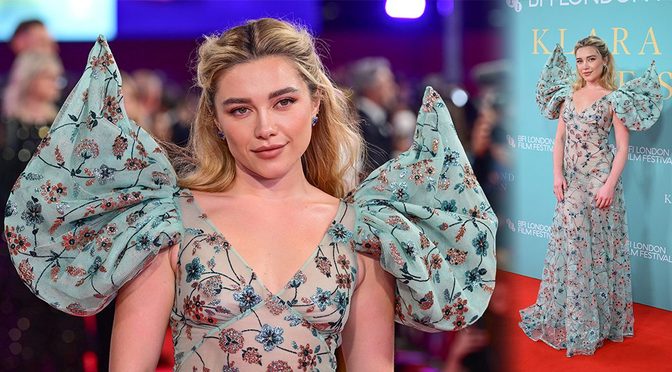 Florence Pugh Goes Braless and Fully See-Through in Winged Mint Dress on London Red Carpet