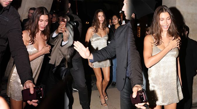 Braless Hailey Bieber Flaunts Cleavage and Miles of Legs in a Tiny Gold Mini at PFW