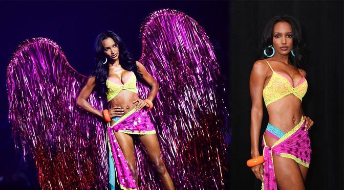 Jasmine Tookes Flashes Those Perfect Curves in Neon Lace and Giant Pink Wings