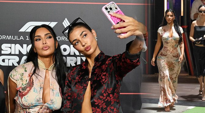 Kim Kardashian’s Corseted Pheasant Print Dress Puts Her Curves on Full Blast at F1 Singapore
