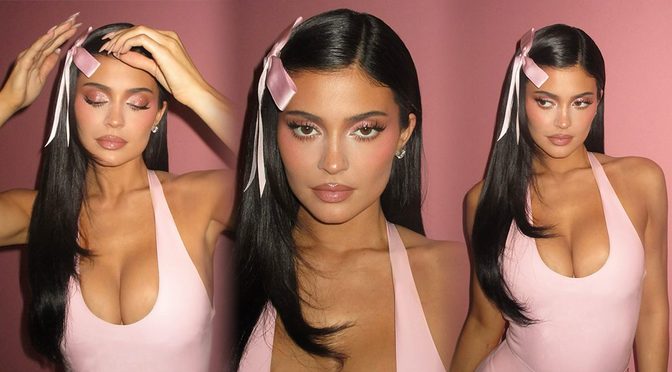 Kylie Jenner Serves Heavy Cleavage and Soft Pink Bow in Hot New Cosmetics Campaign