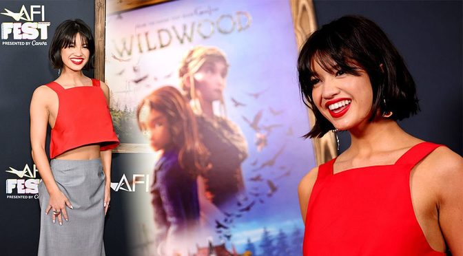 Peyton Elizabeth Lee Flashes Midriff and Open Back in Red Crop Top at Wildwood Premiere