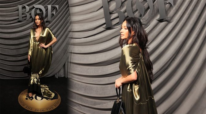 Shay Mitchell Bares Tempting Cleavage in Daring Gold Dress at BoF 500 Gala