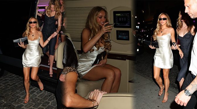 Tate McRae Shows Off Legs and Cleavage in Ultra Short Satin Slip at NYC After-Party