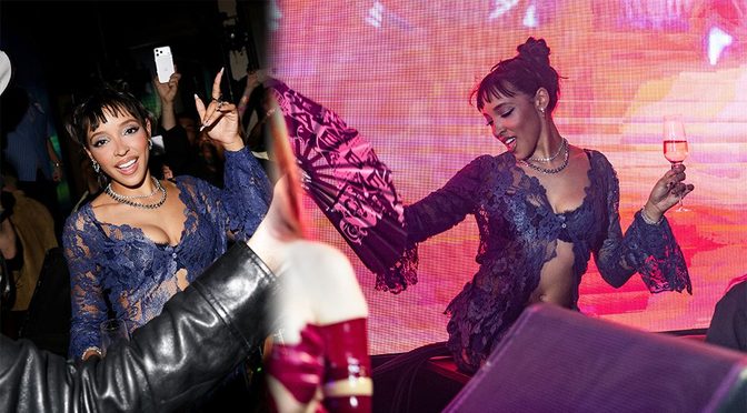 Tinashe Spills Major Cleavage in Sheer Navy Lace at MISTR’s PrEP Day Bash