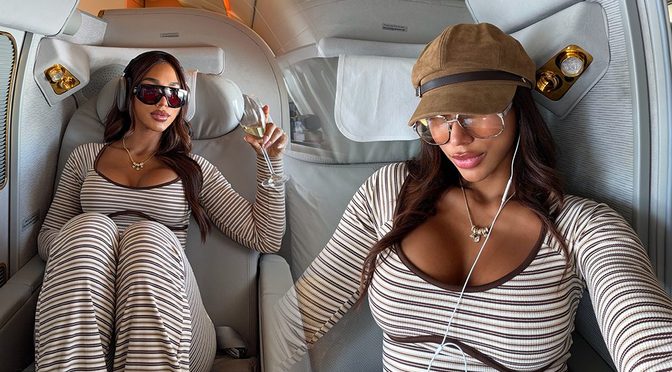 Virginia Sanhouse Fills Out That Tight Striped Set With Serious Cleavage on Her Emirates Suite Flex
