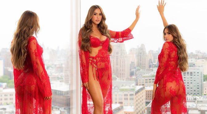 Yanet Garcia’s Red Lace Robe Barely Contains Those Curves Against the NYC Skyline