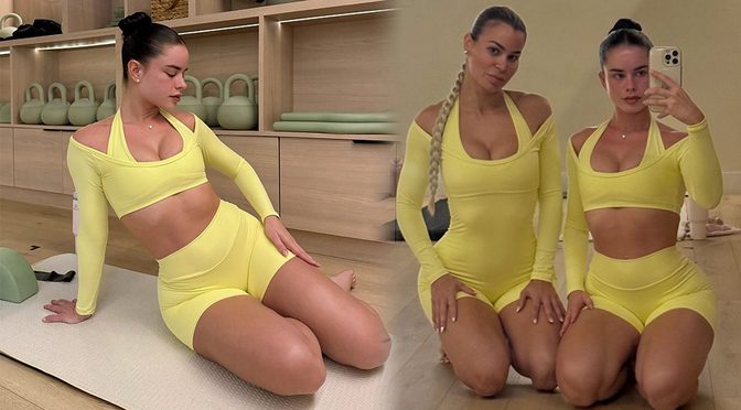 Yaslen Clemente’s Yellow Gym Set Leaves Almost Nothing to the Imagination as Cleavage Steals the Studio Mirror