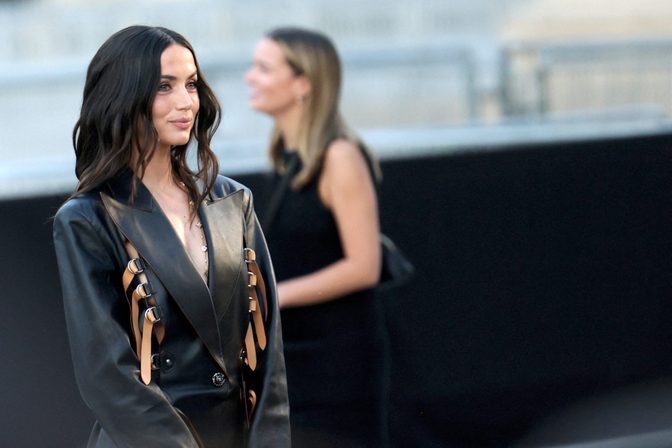 Ana De Armas Hot Leather Blazer Dress Paris Fashion Week