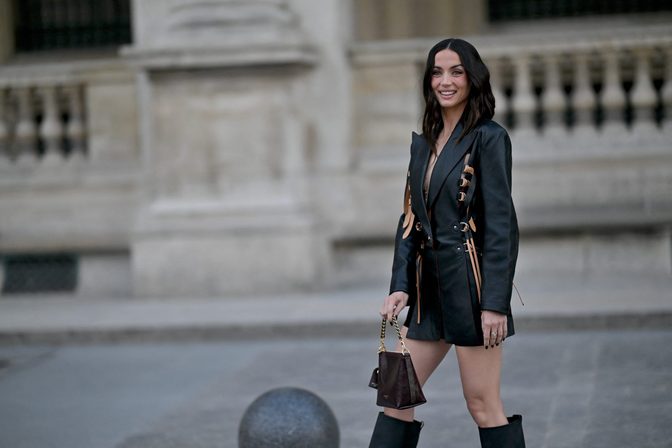 Ana De Armas Hot Leather Blazer Dress Paris Fashion Week