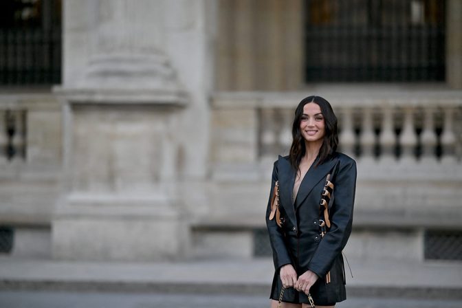 Ana De Armas Hot Leather Blazer Dress Paris Fashion Week