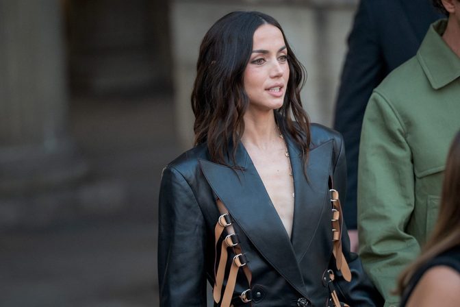 Ana De Armas Hot Leather Blazer Dress Paris Fashion Week