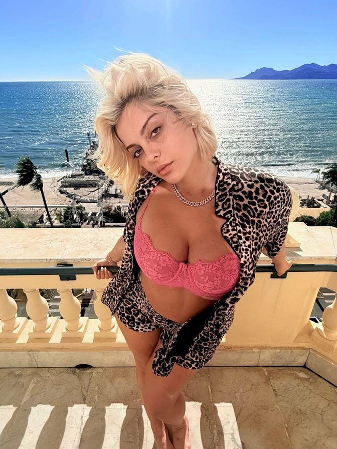 Bebe Rexha Full Boobs Pink Lace Bra Leopard Shorts Nice 001