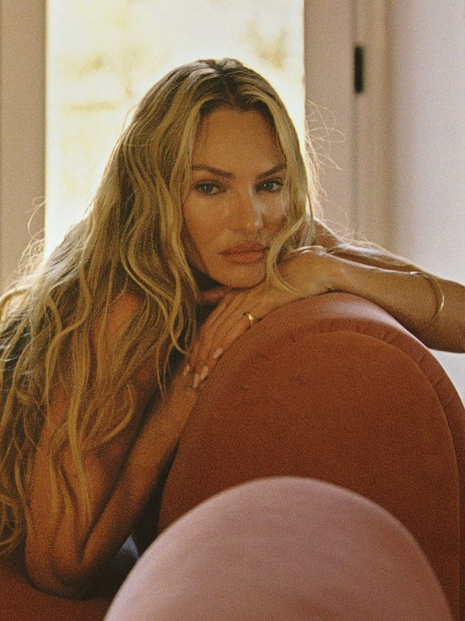 Candice Swanepoel Topless Hair Covering Green Velvet Chair Lace Pants
