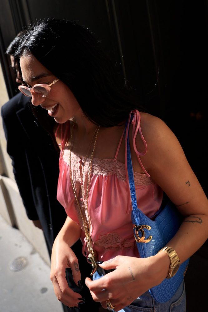 Dua Lipa Braless Sheer Pink Top Chanel Paris