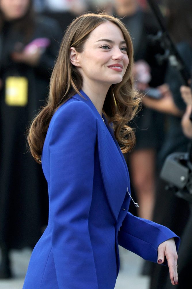 Emma Stone Braless Plunging Blue Blazer Louis Vuitton Pfw