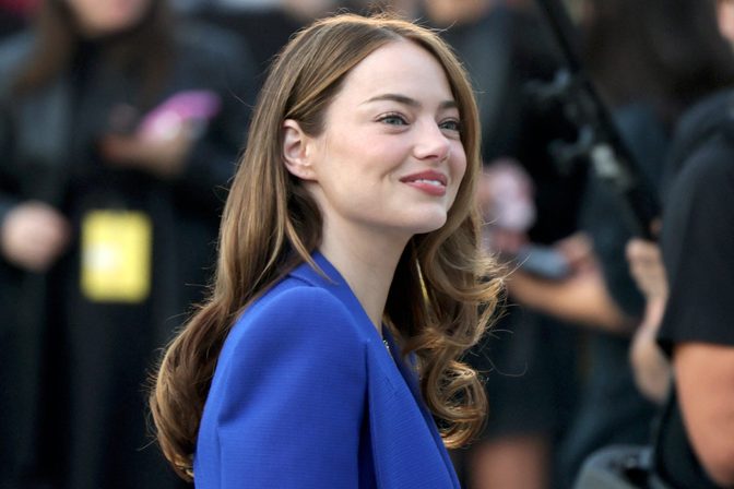Emma Stone Braless Plunging Blue Blazer Louis Vuitton Pfw