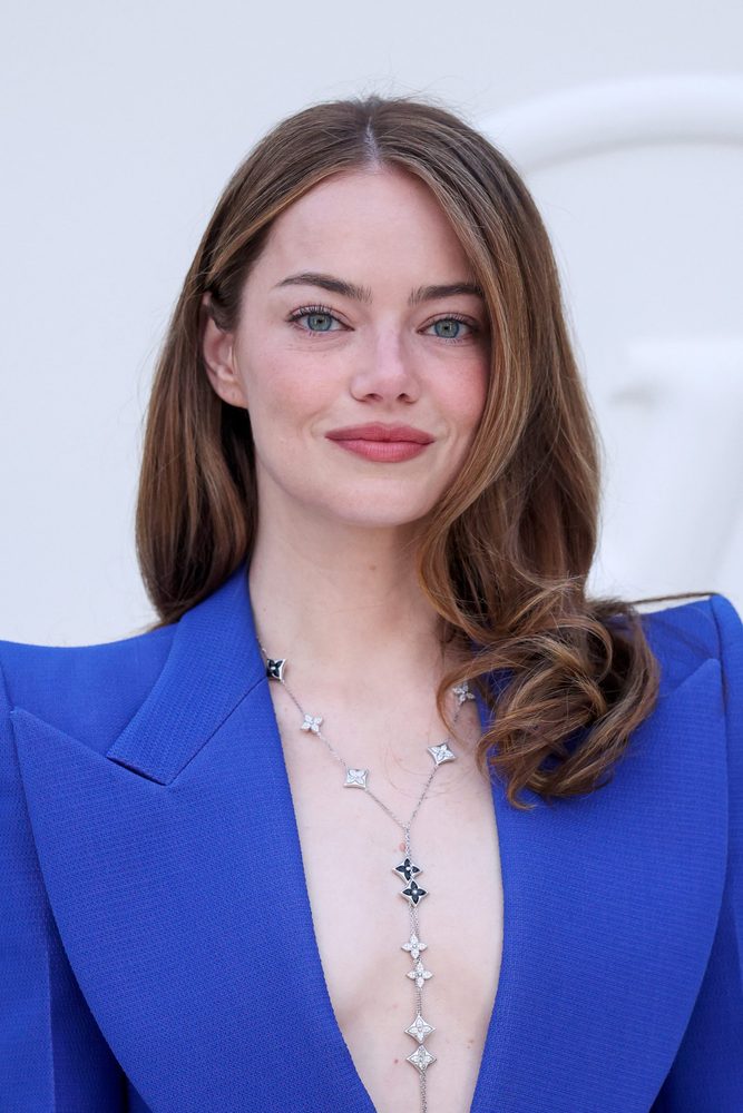 Emma Stone Braless Plunging Blue Blazer Louis Vuitton Pfw