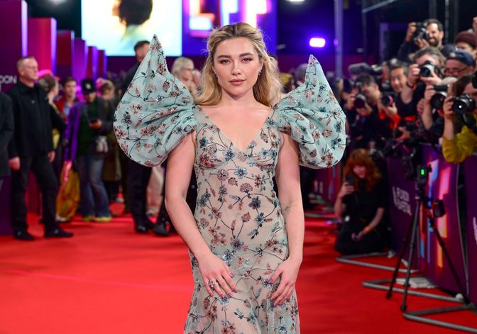 Florence Pugh Braless Boobs Sheer Floral Gown London Red Carpet 001
