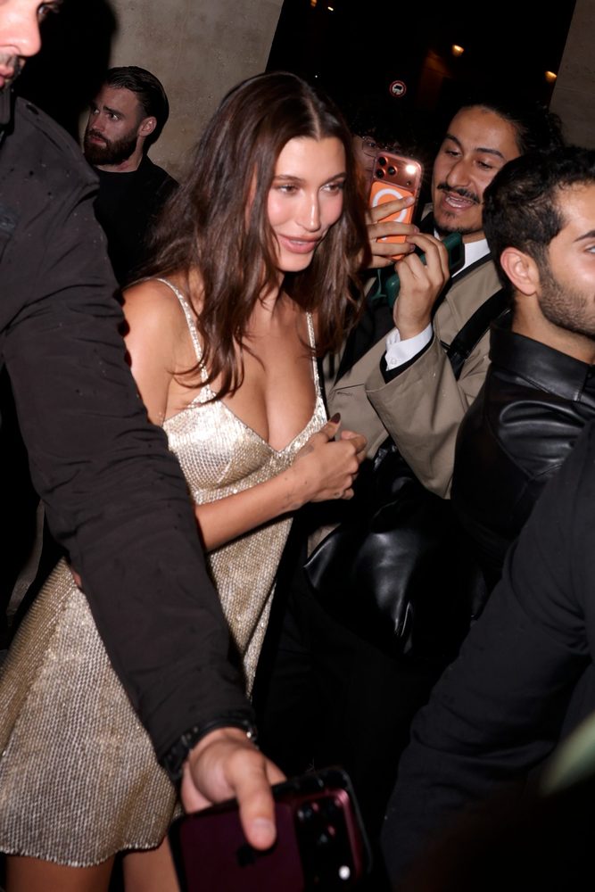 Hailey Bieber Busty Plunging Metallic Mini Dress Paris Party