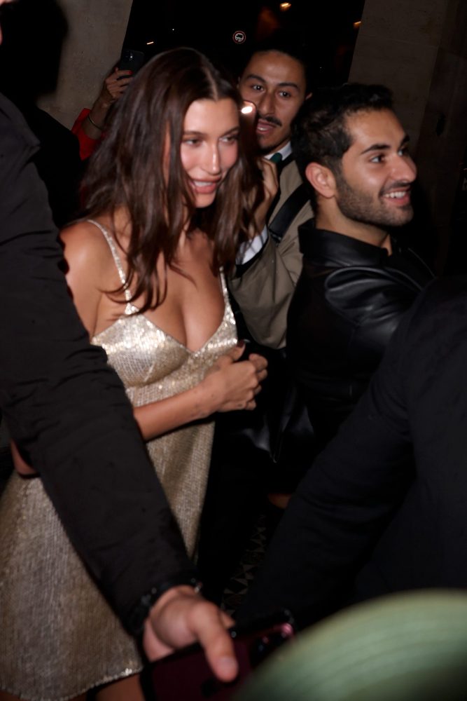 Hailey Bieber Busty Plunging Metallic Mini Dress Paris Party