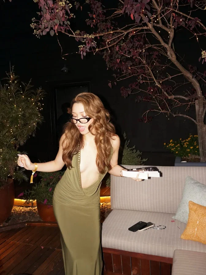 Julia Garcia Plunging Green Dress Rooftop Party