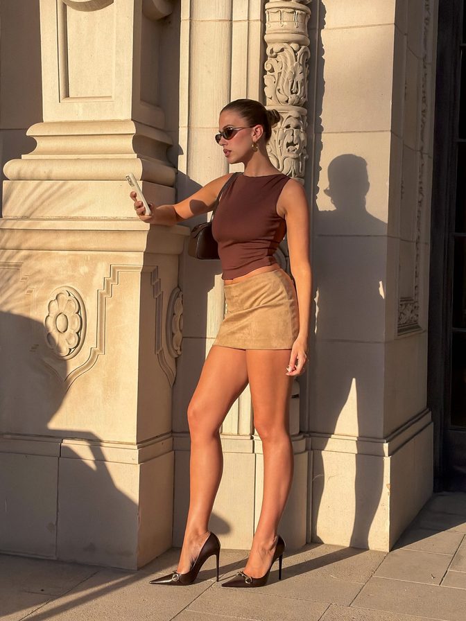 Kara Del Toro Toned Legs Brown Crop Camel Suede Skirt