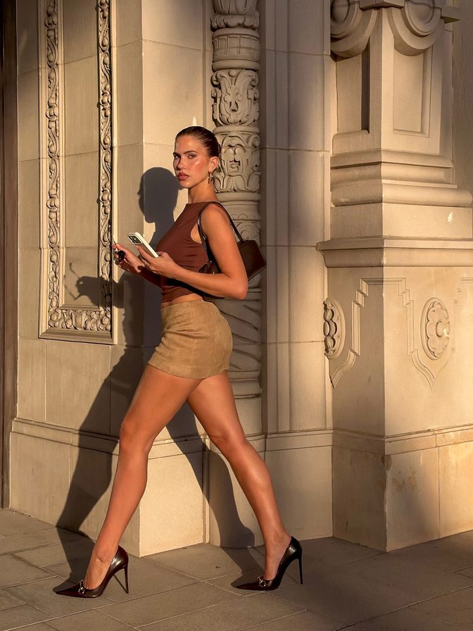 Kara Del Toro Toned Legs Brown Crop Camel Suede Skirt