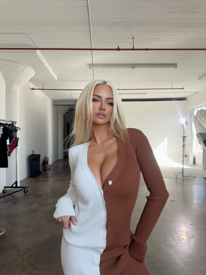 Lindsey Pelas Plunging Two Tone Dress Heavy Cleavage