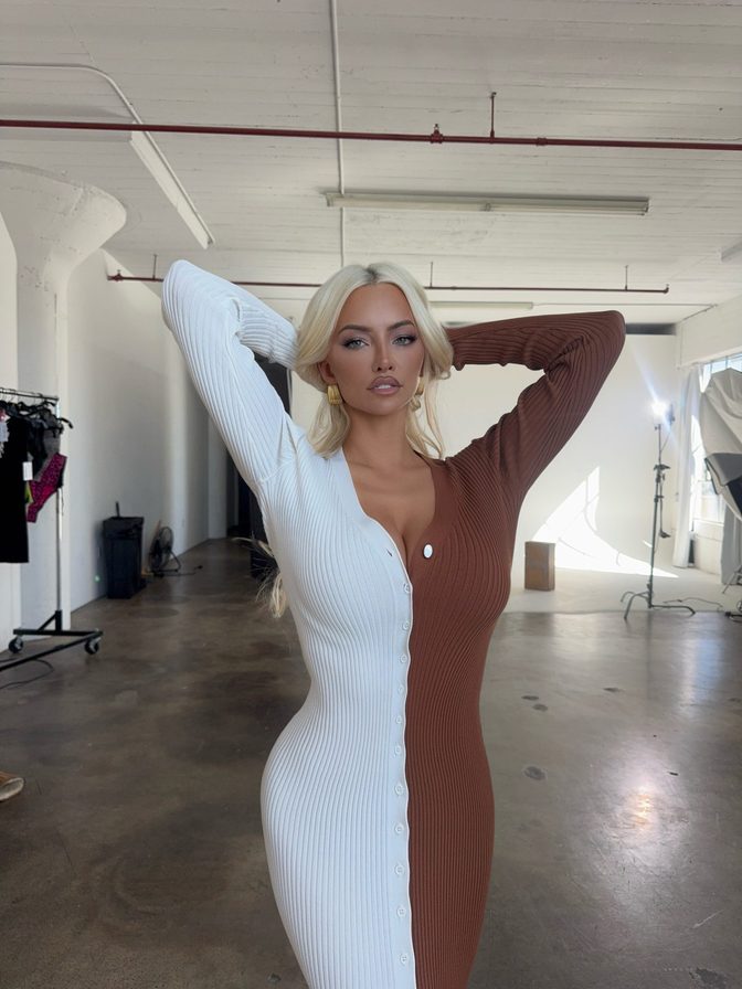 Lindsey Pelas Plunging Two Tone Dress Heavy Cleavage