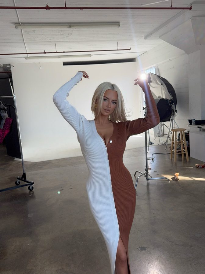 Lindsey Pelas Plunging Two Tone Dress Heavy Cleavage