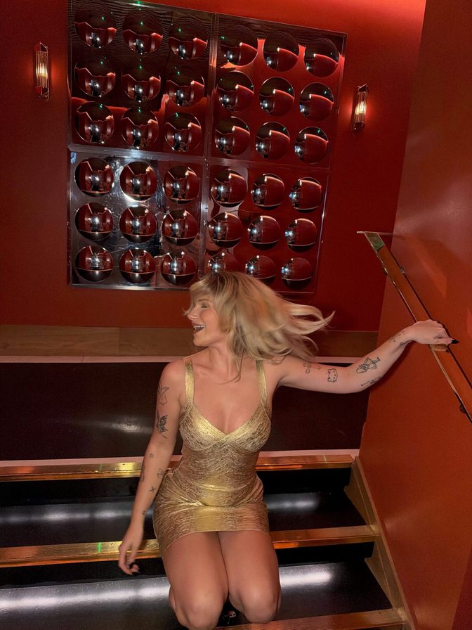 Lottie Moss Gold Dress Hugging Curves Ass