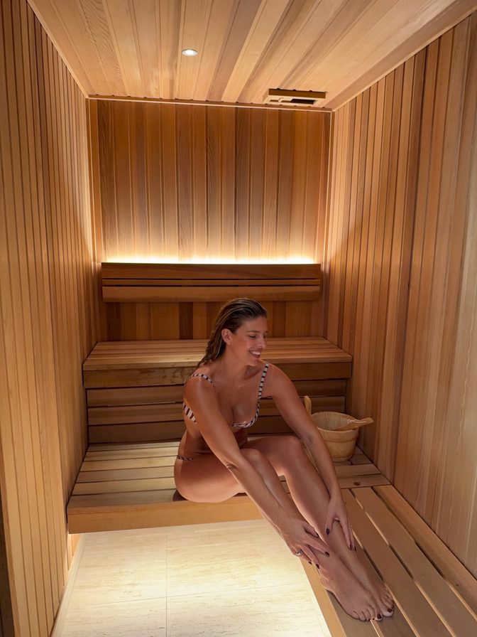 Natasha Oakley Hot Striped Bikini Sauna Photos