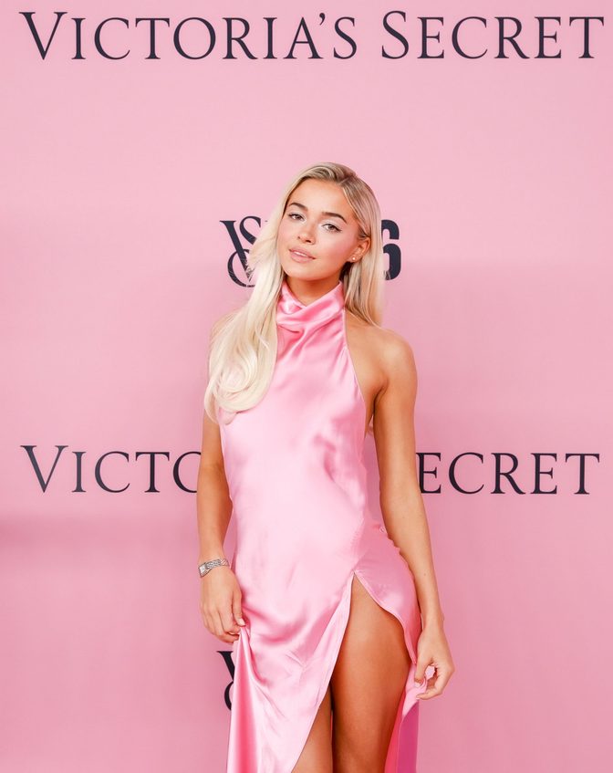 Olivia Dunne Pink Satin High Slit Dress Vs Fashion Show