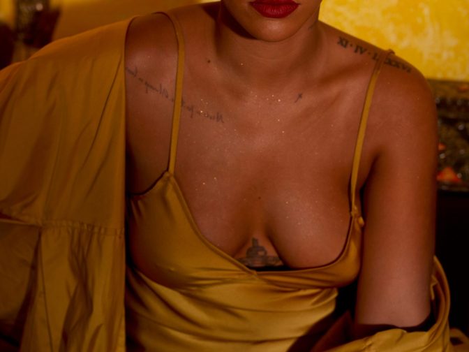 Rihanna Fenty Beauty Moroccan Spice Outtakes Golden Dress