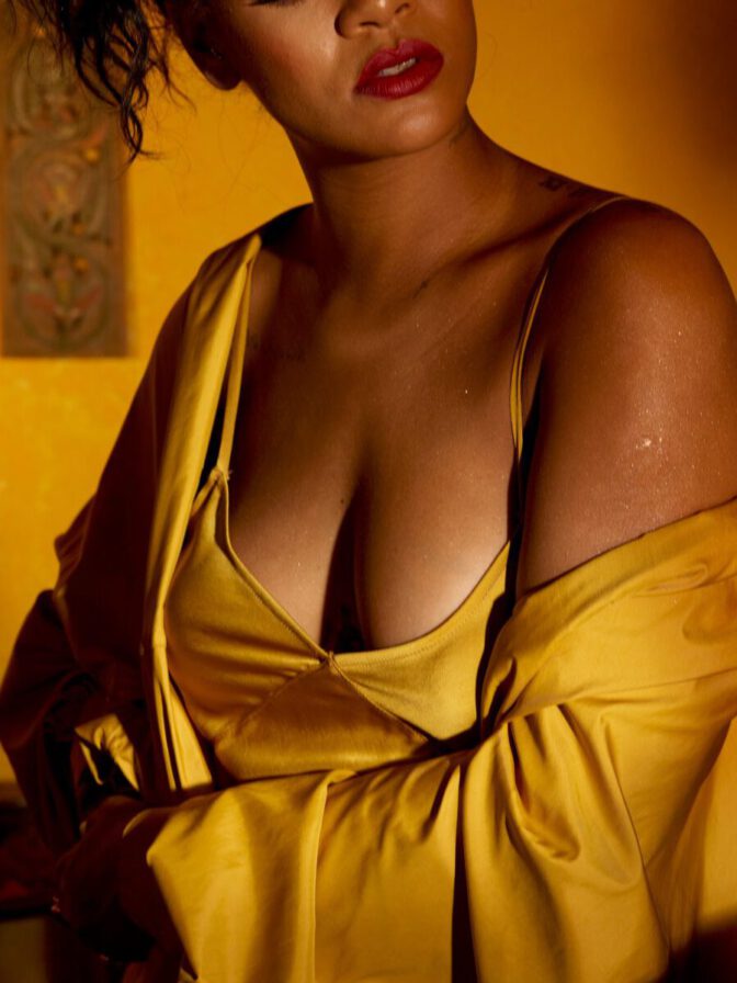Rihanna Fenty Beauty Moroccan Spice Outtakes Golden Dress
