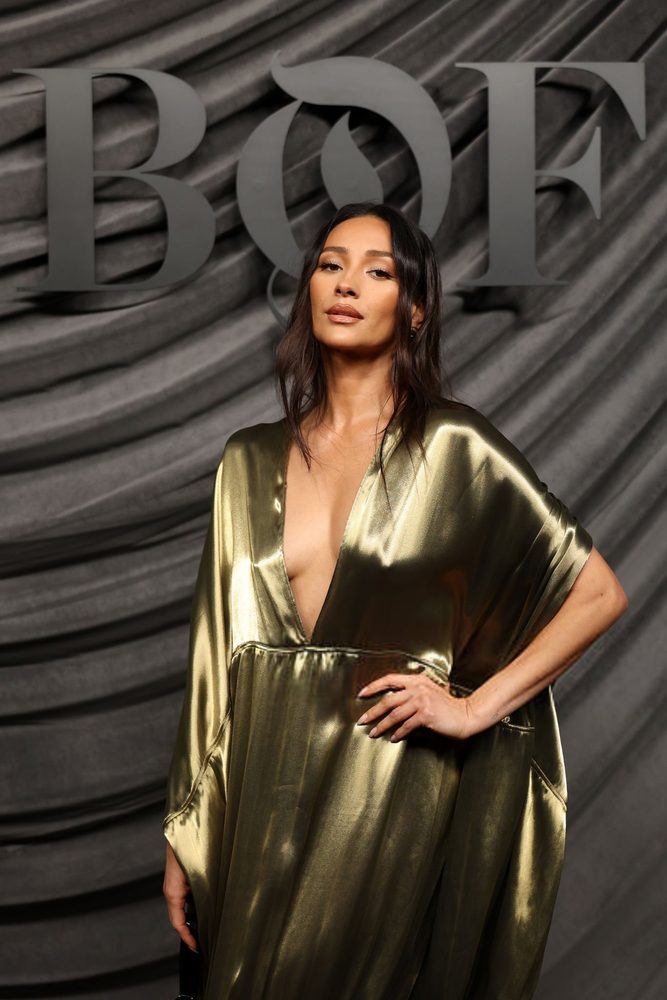 Shay Mitchell Cleavage Low Cut Gold Dress Paris