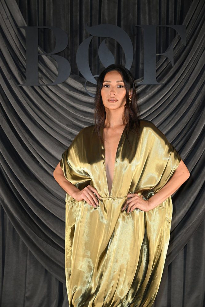 Shay Mitchell Cleavage Low Cut Gold Dress Paris