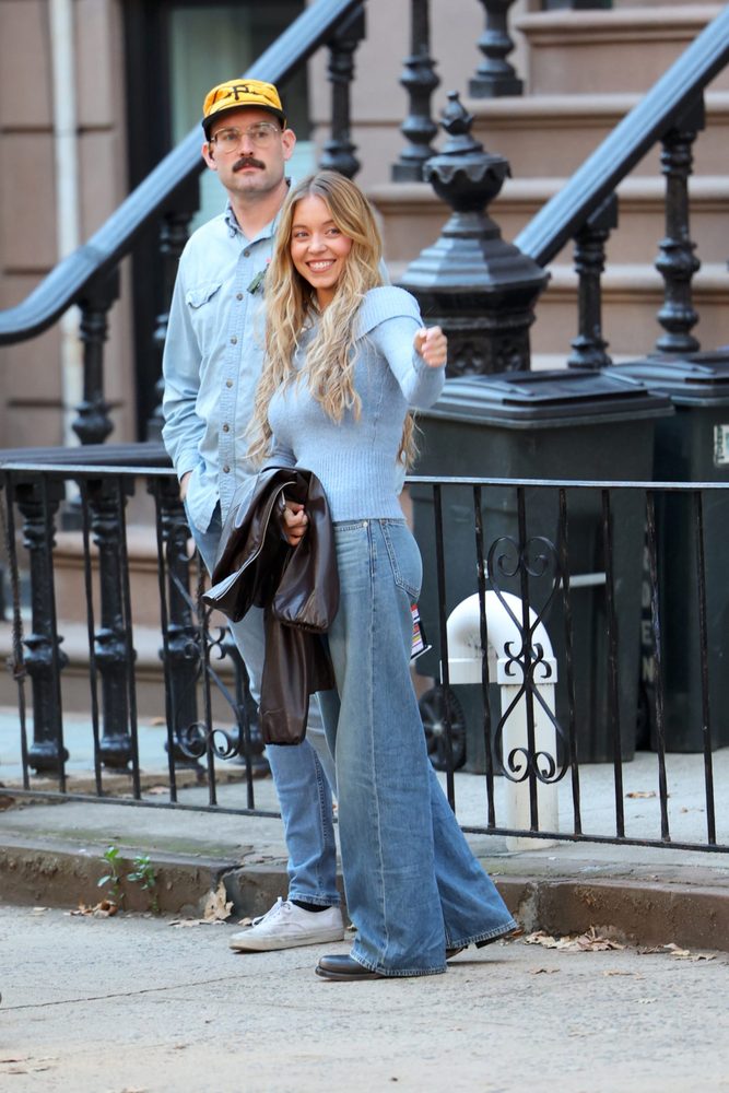 Sydney Sweeney Busty Tight Blue Off Shoulder Sweater Housemaids Secret Set