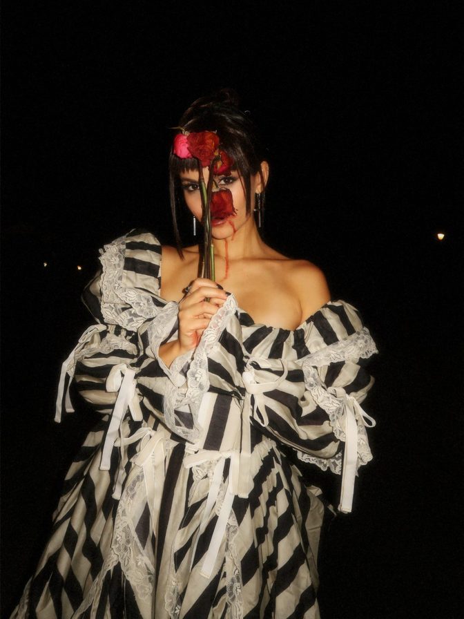 Victoria Justice Cleavage Striped Corset Gown Blood Roses Love Zombie.