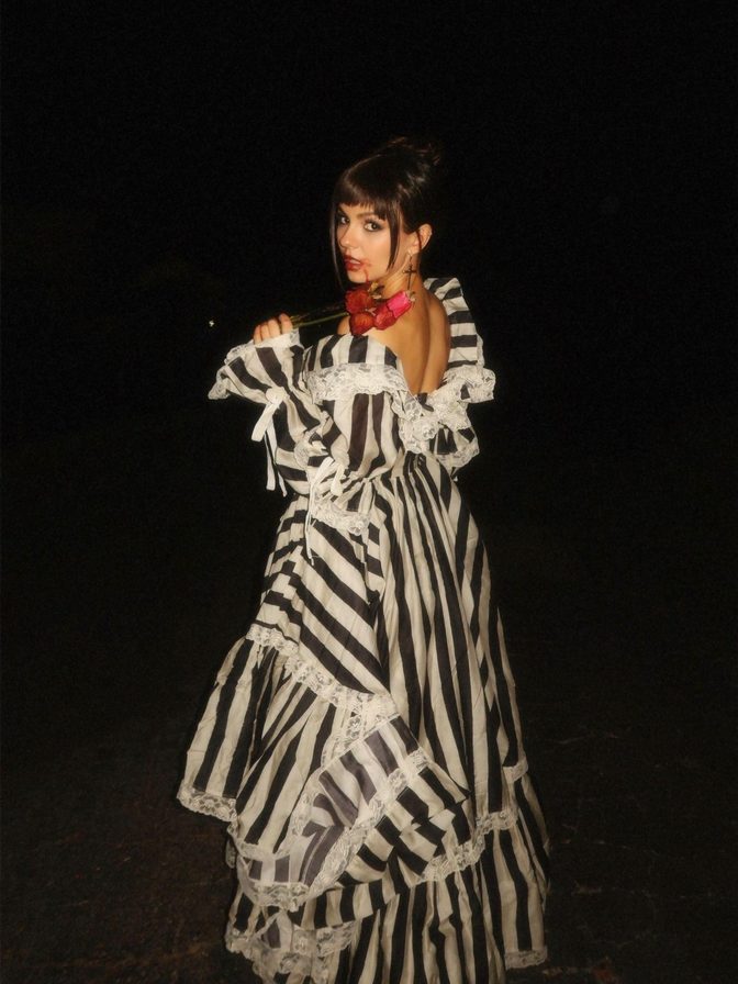 Victoria Justice Cleavage Striped Corset Gown Blood Roses Love Zombie.