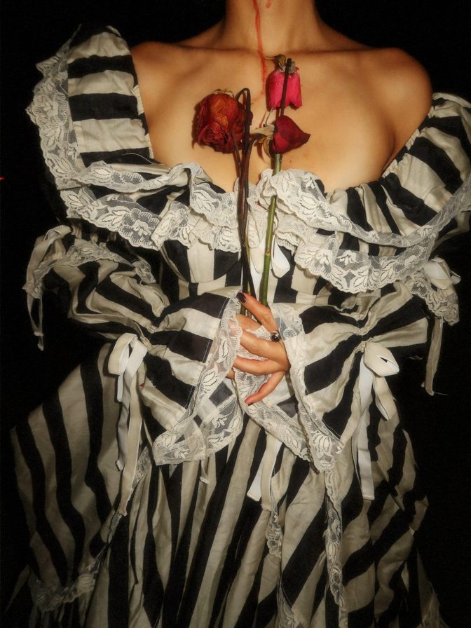 Victoria Justice Cleavage Striped Corset Gown Blood Roses Love Zombie.