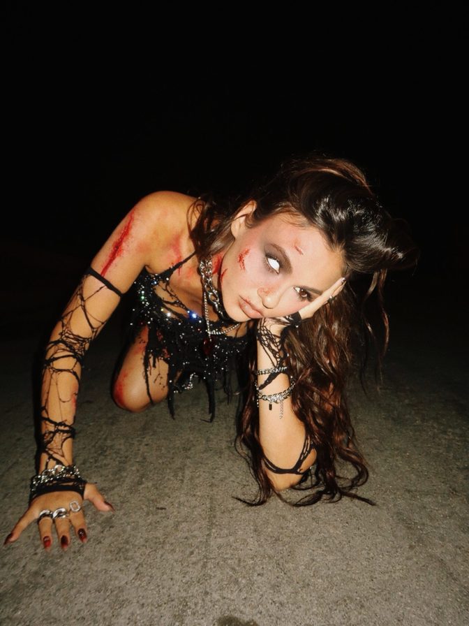 Victoria Justice Sparkly Shredded Mesh Zombie Dress Blood