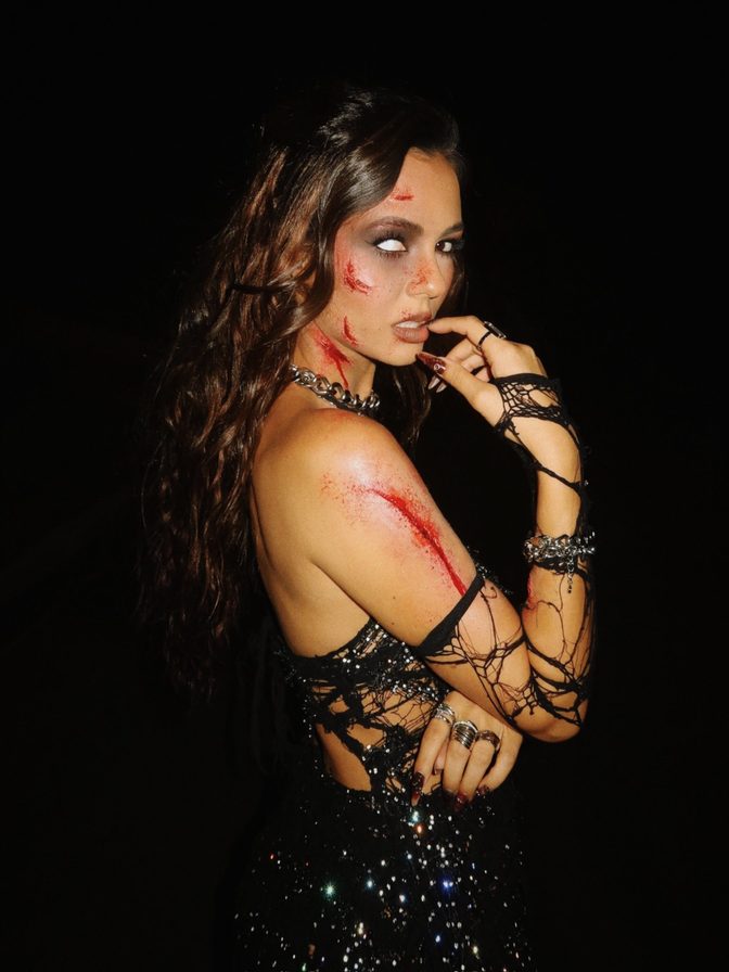 Victoria Justice Sparkly Shredded Mesh Zombie Dress Blood